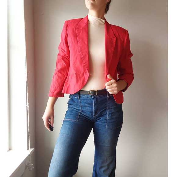 Vintage 80s Red Single Breasted Cropped Blazer, Union Made - Picture 4 of 10